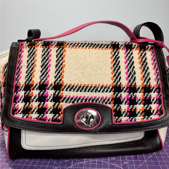 Coach Handbags - Coach Bouclé Plaid Turnlock Shoulder Bag – Style #21142 – Pink Trim